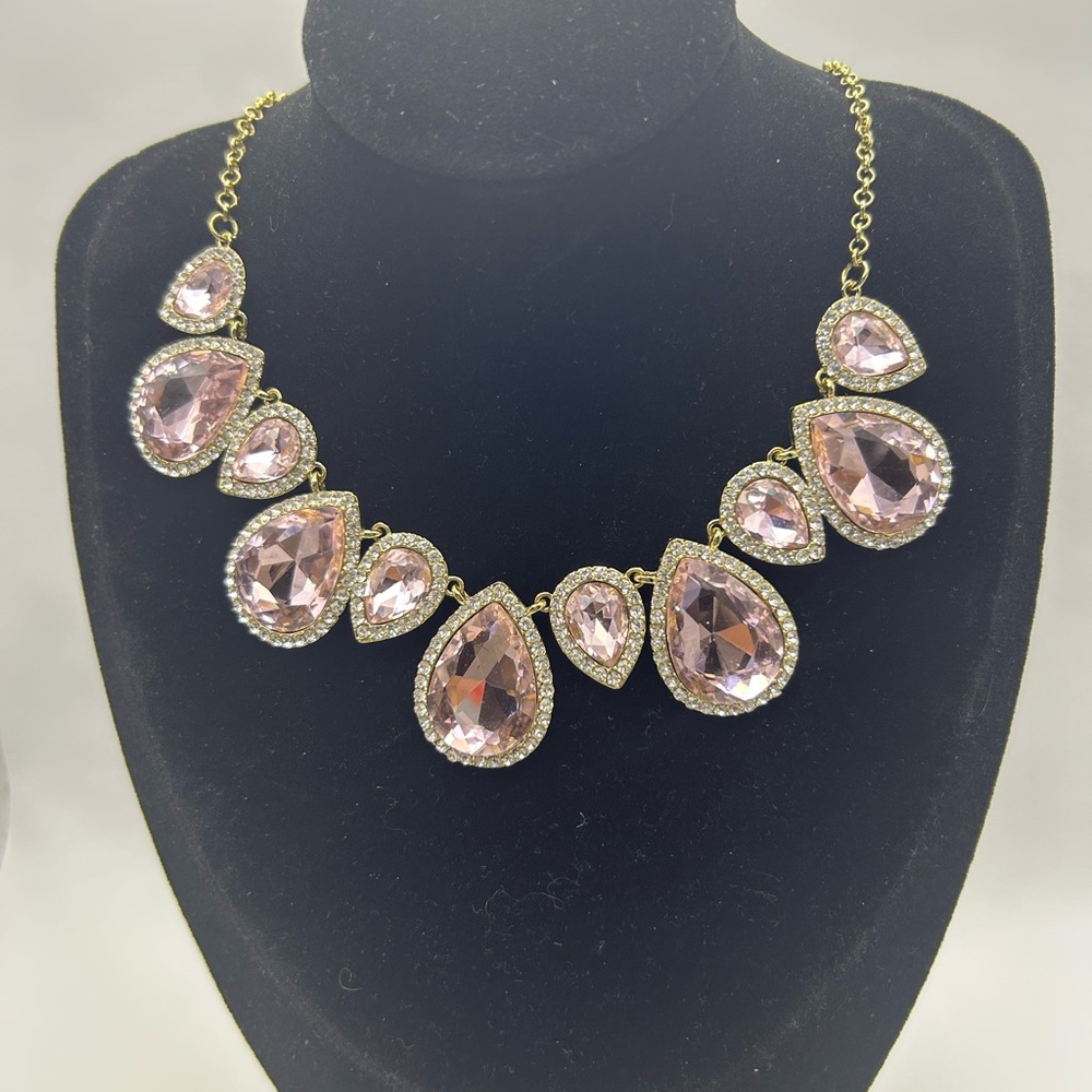 Pink Crystal Teardrop Statement Necklace-Gold Tone Rhinestone Halo Sparkle Glam